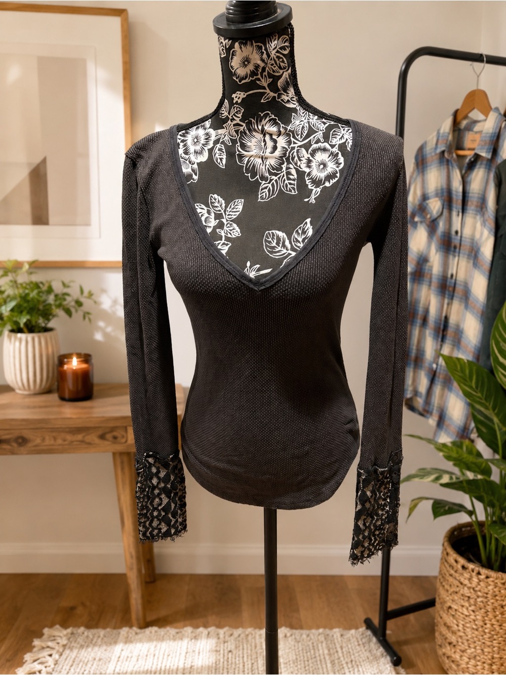 We The Free Black V-Neck Long Sleeve Top with Lace Cuff Detail